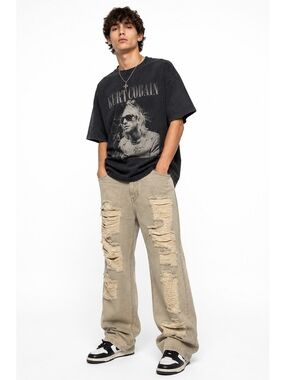 CJ Black Distressed Baggy Fit Jeans 30x32 Beige Grunge Streetwear